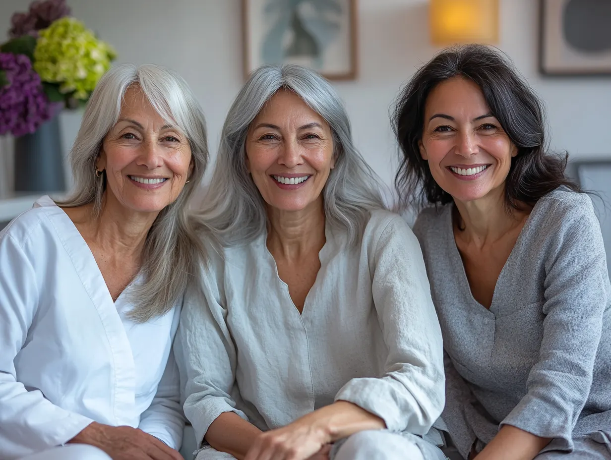 Three women of different ages sitting together, smiling