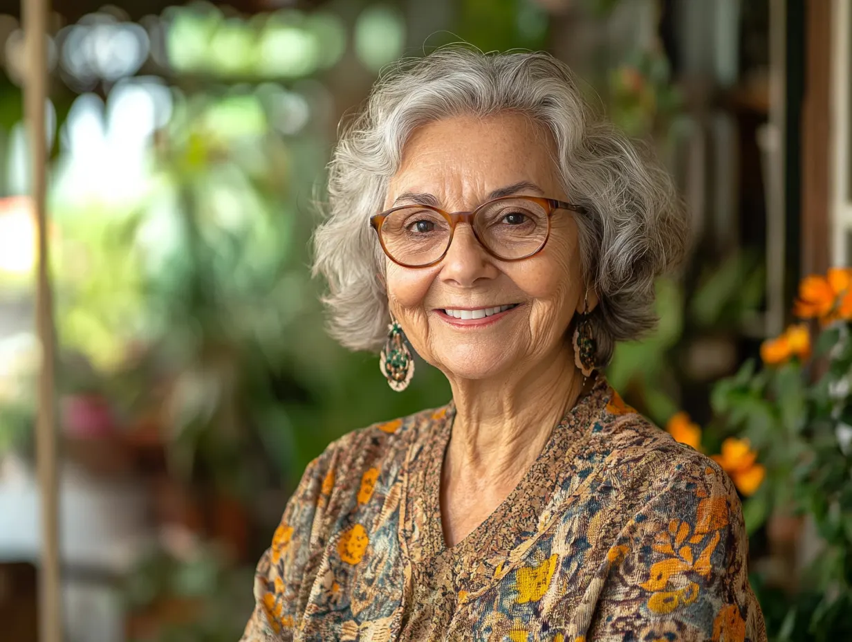 An older woman with grey hair and glasses smiling among potted plants