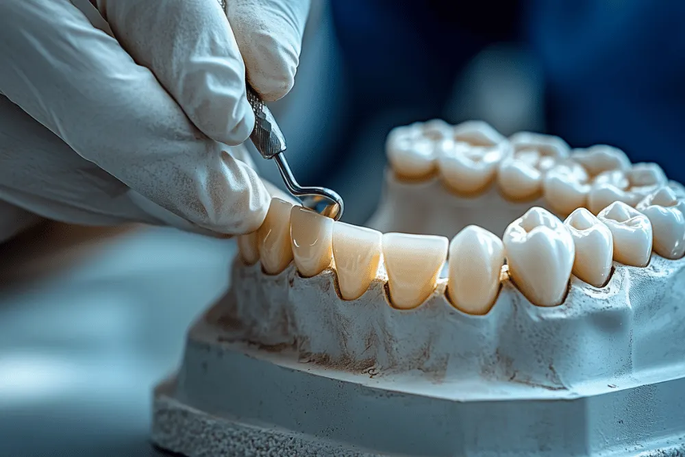 A gloved technician adjusts a denture on a plaster cast in the lab
