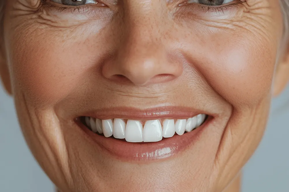 Close-up of an older woman's smile with even, natural-looking teeth